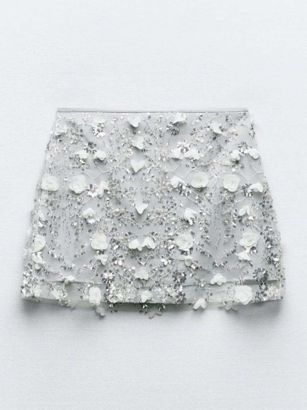 ZARA NEW WOMAN FLORAL SEQUINNED MINI SKIRT SILVER